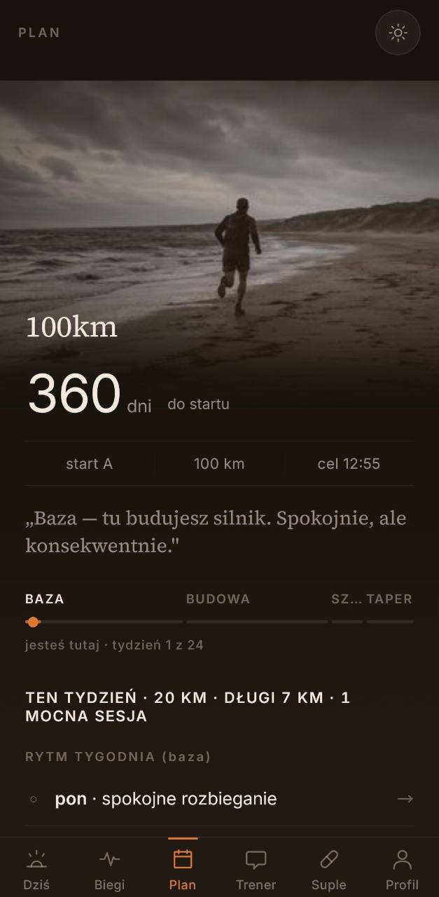 Oryginalny ekran Plan w aplikacji UltraSoul — cel 100 km i rytm tygodnia.