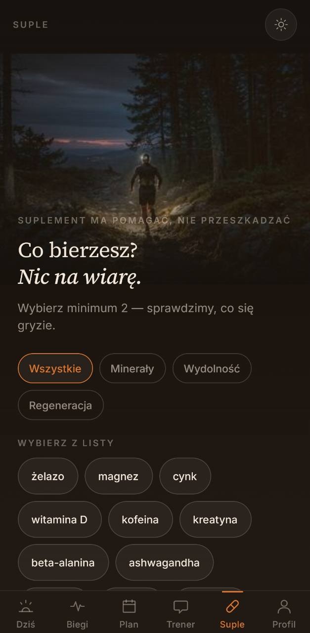 Oryginalny ekran Suple — lista suplementów i wybór do porównania.
