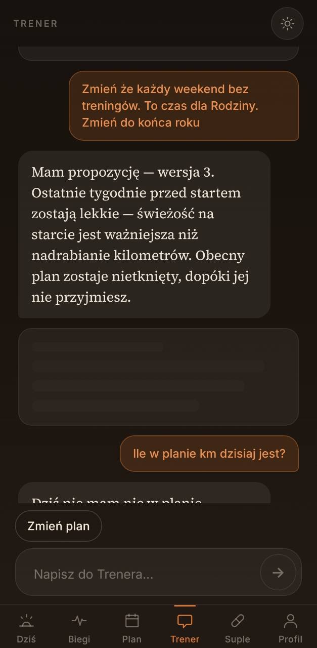 Oryginalny ekran Trener — rozmowa o wolnych weekendach i propozycji zmiany planu.